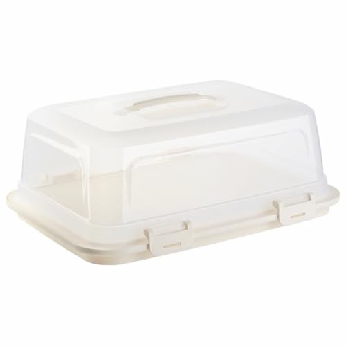 Engelland Rechteckige Kuchen-Transportbox mit Griff, Deckel und 4-fach Klick-Verschluss, Farbe: Beige-Transparent, 44 x 35 x 17,50 cm, BPA-frei, Torten-haube, Stückeinteilungshilfe