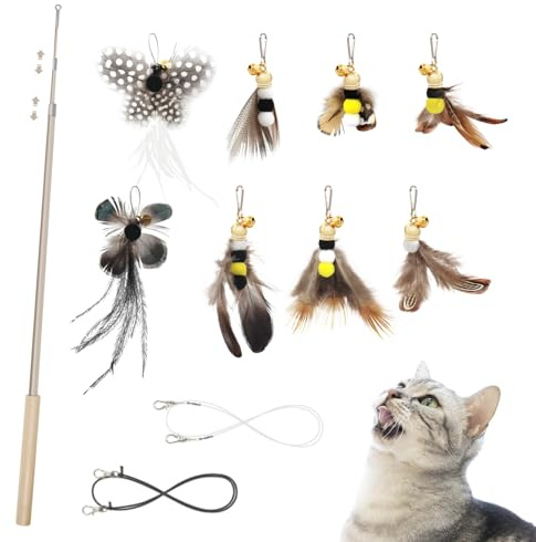 SONGWAY Interaktives Katzenspielzeug Feder - Katzenspielzeug Set mit 8 Insekt Natürliche Ersatzfedern mit Glocken, Katzenangel, Einziehbare Federstab Katze Spielzeug für Kätzchen und Katzen