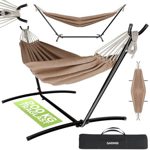 GARMIO® Hängematte braun mit Stahlrohrgestell 270 x 110 x 105 cm, 200 kg Tragkraft, wetterfest, klappbar, inkl. Zubehör & Transporttasche