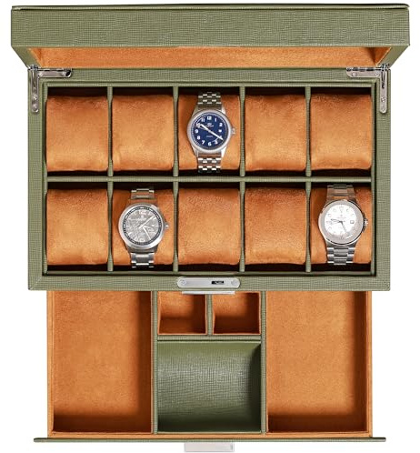 ROTHWELL Leder-Uhrenbox 10 Fächer mit Schublade, Luxus-Uhrenetui mit weichen Kissen, abschließbarer Schmuck-Uhrenhalter mit großem Glasdeckel (Grün/Hellbraun)