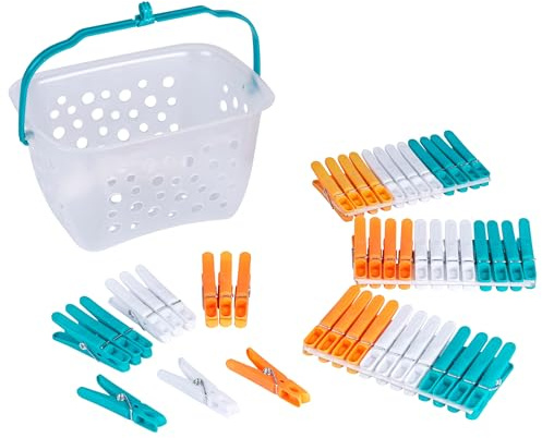 Beldray LA028297TQEU Ultra Grip 48 Stück Wäscheklammern mit Aufbewahrungskorb, Wäscheluft-Clips für Wäscheständer Wäschleine, winddichte Kleiderklammern, Mehrfarbig Kunststoff mit starkem Griff