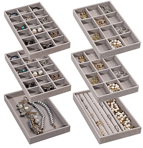 Frebeauty Schmuck Organizer Tablett, stapelbare Samt Schmuck Tabletts, Schublade Einsätze Ohrring Organizer für Frauen Mädchen Schmuck Lagerung Vitrine für Ringe Stud Halsketten, Set 6(Grau)