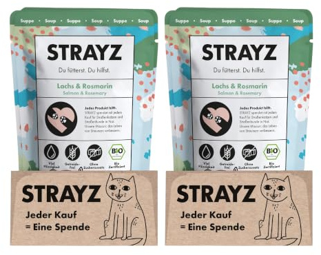 STRAYZ Bio Katzensuppe – Lachs & Rosmarin, Flüssigsnack | 28x40g | Flüssigsnack & Futter-Topping, getreidefrei, ohne Zucker & Bindemittel, Bio-Fisch & Monoprotein
