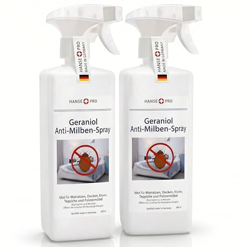 HANSE PRO Geraniol Anti-Milben-Spray, 2 x 500 ml I Hausstaub-Milben-Spray I Milbenschutz I Anti-Milben-Mittel gegen Bettwanzen & Milben I Hausstaubmilben-Allergie I Milben-Bekämpfung