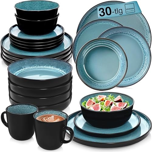 SÄNGER Vigo | Kombiservice 6 Personen, Teller Set Kaffeebecher Pastaschale 30 tlg, Steingut Geschirr Set spülmaschinen- mikrowellen- kratzfest, Geschirrset blau mit schwarzem Rand | VALUE COLLECTION