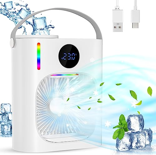 Mobile Klimaanlage, 4 in 1 Klimaanlage Mobil mit Kühlen Nebel, 900ml Tragbarer Mobile klimagerät Mini Air Cooler, USB Ventilator Schreibtisch mit 3 Geschwindigkeiten, 7 Farben Licht (Weiß A)