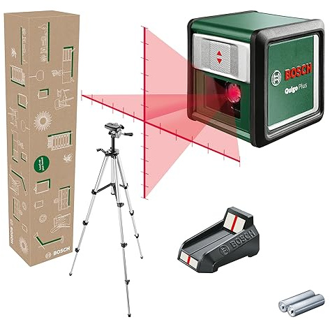 Bosch Kreuzlinienlaser Quigo Plus mit Stativ (einfaches Ausrichten in gleichen und variablen Abständen dank Markierungen auf der Laserlinie, im E-Commerce Karton)