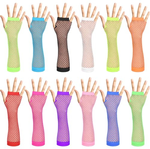 12 Paar Neon Netzhandschuhe Damen Fingerlose Netzhandschuhe | Lang Stretch Mesh-Handschuhe für Weihnachten Party 80er Jahre Kostüm Zubehör Disco Maskerade Hochzeit