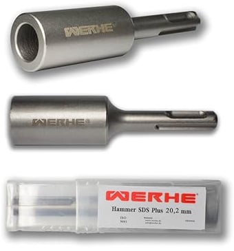 WERHE SDS Plus Erdnageleintreiber Ø 20,2 mm aus Stahl für Erdungsstäbe | Für Tiefenerder, kompatibel mit Bosch, Makita, DeWalt, Einhell, werkzeugloser Wechsel, 100 mm Länge, 40 mm Lochtiefe