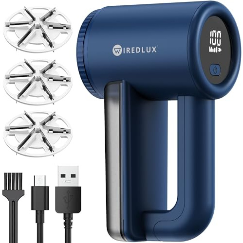 Fusselrasierer Elektrisch WiredLux - Wiederaufladbarer Fusselentferner für Kleidung & Möbel - Einstellbare 3-Fach Geschwindigkeit, 6-blättrige Klinge, LED-Anzeige, USB-Aufladung (Marineblau)