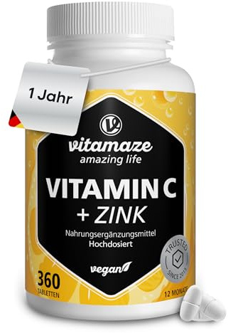 Vitamin C hochdosiert 1000 mg + Zink, 360 Tabletten für 1 Jahr, vegan & optimal bioverfügbar, Natürliche Nahrungsergänzung ohne unnötige Zusatzstoffe, Made in Germany