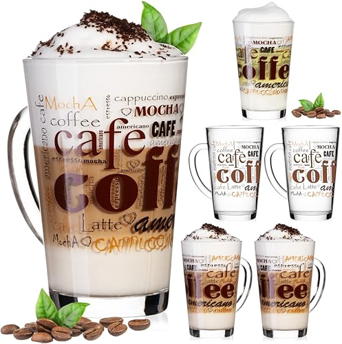 PLATINUX Kaffeegläser mit Motiv max. 350ml Set 6-Teilig aus Glas Latte Macchiato Gläser mit Griff Cappuccino Gläser