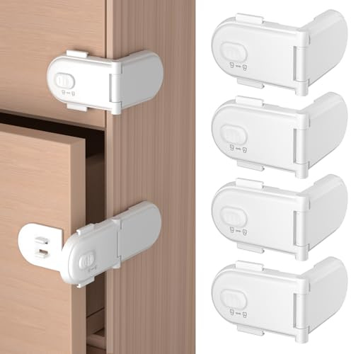 REDTRON Kindersicherung Schrank mit Doppeltem Sicherheitsschalter (4 Pack, Weiß), kindersicherung kühlschrank mit 3M-Kleber, Schranksicherung Baby, Keine Werkzeuge erforderlich, Einfache Montage