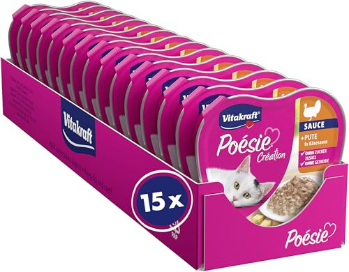 Vitakraft Poésie Création, Nassfutter Katze, Katzennassfutter in Sauce, mit Pute in Käsesauce, Vorratspackung, ohne Zusatz von Zucker und Getreide (15x 85g)