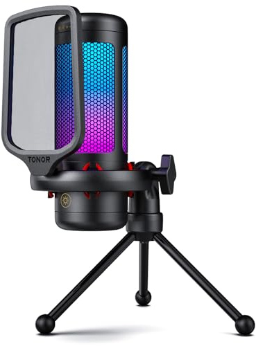 TONOR Gaming Mikrofon für PC, Kondensatormikro mit RGB, USB Micro für PS4/5 | Tischständer-Set, Helligkeit einstellbar, Stummschaltung, Mic für Streaming, Chatten und Aufnehmen, Schwarz, TC310