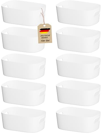 VMbathrooms Aufbewahrungsboxen Set 10er, Weiß, Größe M | Für Speisekammer, Badezimmer, Büro & Kleiderschrank, Ergonomische Griffe, Stabil & leicht zu reinigen, Formstabil