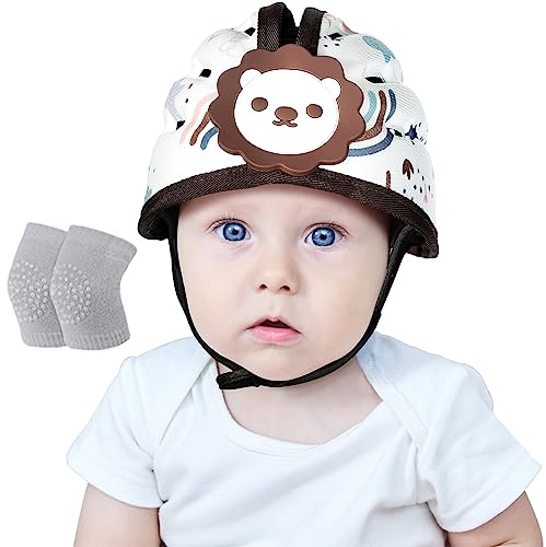 Orzbow Baby Helm, Atmungsaktiver Baby Kopfschutz zum Krabbeln und Gehen, Verstellbarer Baby Sicherheitshelm, Anti-Kollision, Ultraleicht, Hochwertige Baumwolle und Eva, Brauner Löwe