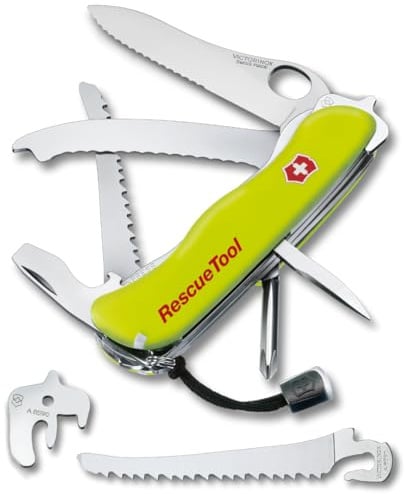 Victorinox Schweizer Taschenmesser Rescue Tool MW, Rettungsmesser Feuerwehr, 13 Funktionen, Klinge Wellenschliff, Einhand-Feststellklinge