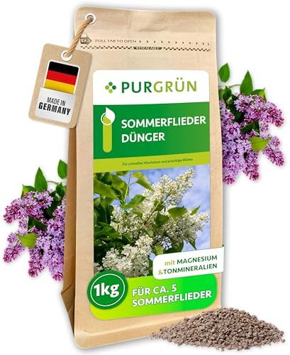 Purgrün® Sommerflieder-Dünger 1 kg – Organisch-mineralische Rezeptur – Feinkörniges Krümelgranulat – NPK 9+4+8 – Extra Magnesium für prächtige Blüten – Verbessert die Bodenqualität