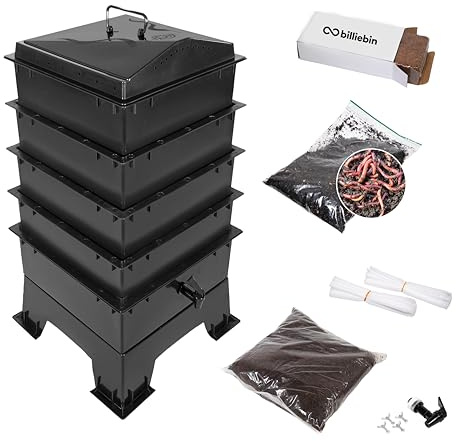 Billiebin Starter Set | Wurmkomposter 4 Etagen Inkl. Kompostwürmer + Startsubstrat + Kokosziegel + Zubehör | Wurmfarm - Wurmkiste (Schwarz)