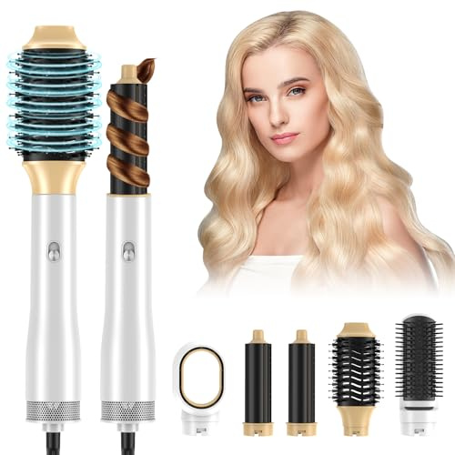 Anluomafuy Warmluftbürste, Thermobürste, Blowout Boost Thermal Brush, Ionische Rundbürste, Lockenbürste, Airstyler, 2 Wärme, 5 Aufsätze zum Föhnen, Glätten, Volumen kreieren, 1200W
