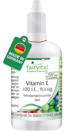fairvital Vitamin E Öl 100 I.E. Tropfen, 50ml, mit über 1200 Tropfen, VEGAN