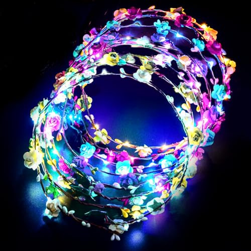 20 Stück LED Blumenkranz Stirnband, Bunt Haare, Haarschmuck Mit 3 Leuchtmodi, Kopfschmuck Beleuchtet Blumen Lichterkette für Hochzeit, Party, Festival, Geburtstag