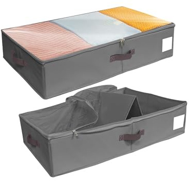 SYEXDZON Unterbett Aufbewahrungsbox, Unterbettkommode Mit Stützplatten Rundum und Darunter, 2 Stück Kleidung Aufbewahrung,mit Deckel für Bettdecken Decke Kleidungsstück (Grau, Mit unterer Stützplatte)