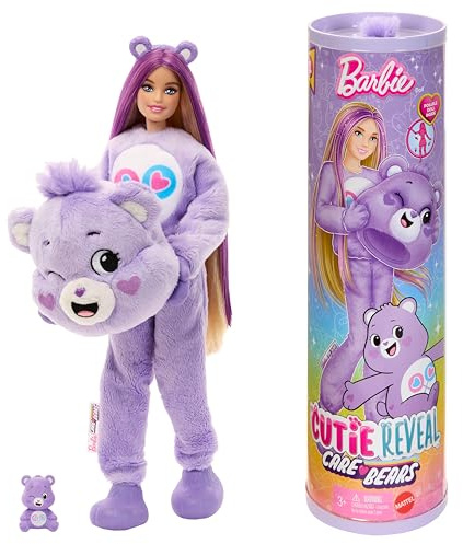 Barbie-Puppe mit Accessoires, Glücksbärchis-Reihe, Modepuppe mit plüschigem Teile-gern-Bärchi-Kostüm und 10 Überraschungen, einschließlich Farbwechsel und Mini-Bärchi, JCN94