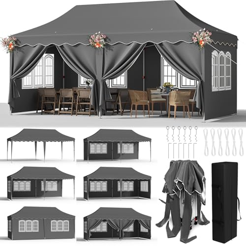 Faltpavillon 3x6 Pavillon Wasserdicht Stabil, Faltbar Gartenzelt 3x6 mit 6 Seitenwänden, Anti-UV 50+ Partyzelt Con 12 Erdhaken 6 Seile 6 PCS Sandsack,Gartenpavillon für Markt,Hochzeiten, Grau