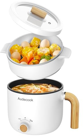 Audecook Elektrische Hot Pot und Dampfgarer, 1.5L Tragbare Mini Antihaft Multikocher, Ramen Kocher, Travel Electric Bratpfanne mit Duale Leistungssteuerung für Steak/Nudeln/Ei/Hafer (White)