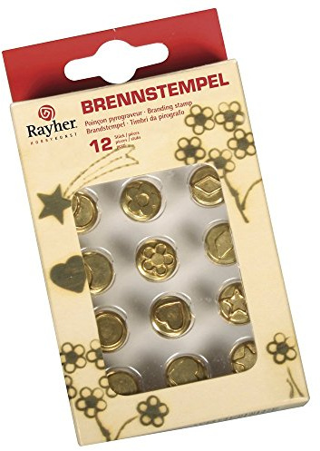 Rayher Brennstempel für Rayher Brandmal-Kolben, Box 12 Brennaufsätze sortiert, Blume, Mond, Stern, Herz, Raute, Rund, Größe ca. 1 cm, 89768000
