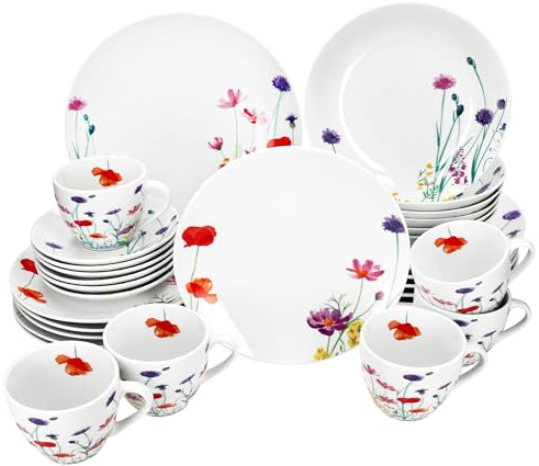 MamboCat Marie 30tlg Kombiservice I Porzellan-Geschirrset mit Blumenwiese-Dekor für 6 Personen I Je 6x Tassen, Untertassen, Kuchenteller, Suppenteller & Speiseteller