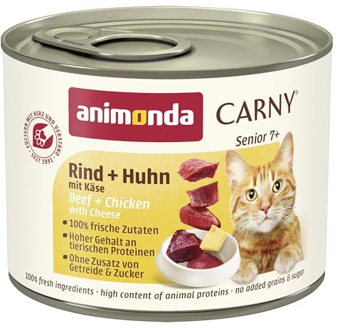 animonda Carny Katzen Nassfutter Senior Rind + Huhn + Käse (6 x 200g), Katzenfutter nass ohne Getreide ohne Zucker für Katzen ab 7 Jahren mit frischen und fleischigen Zutaten