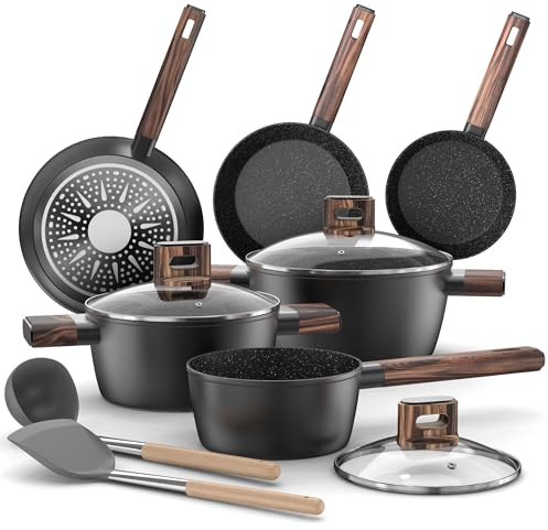 Topfset Pfannenset 11-teiliges - Kochtopf Set Induktion Antihaft-Kochgeschirr Töpfe Set aus Aluminium, Pfanne 20/28cm, Tiefe Bratpfanne 24cm, Kochtöpfe mit Deckel 16/20/24cm, PFOA-, PFOS-frei Topbooc