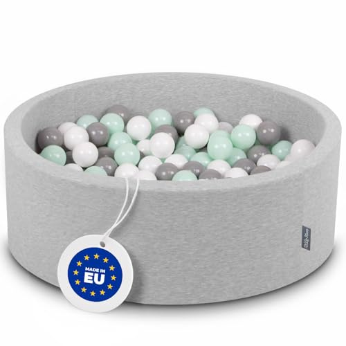 KiddyMoon Bällebad 90X30cm/200 Bälle ∅ 7Cm Bällepool Mit Bunten Bällen Für Babys Kinder Rund, Hellgrau:Weiß/Grau/Minze