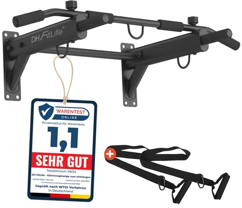 DH FitLife 4in1 Klimmzugstange Wand zur Wandmontage mit Spreizdübel, Multifunktionale Pull-Up Bar für Zuhause bis 200kg | 6 rutschfeste Griffe | 3 Öse für Boxsack & Schlingentrainer | Sicher & Stabil