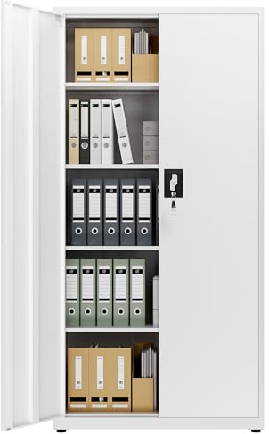 LAND·VOI Stahlschrank 5 Ebenen mit Schloss verstellbare Einlegeböden Doppeltüren Aktenschrank Werkzeugschrank für Büro Garage Haushalt Werkstatt 80x40x181.5 cm weiß