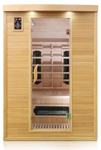 Dewello® Infrarotkabine Infrarotsauna Laval Plus 135cm x 105cm für 1-2 Personen aus Hemlock Tannenholz mit Keramikstrahlern, LED-Farblicht, Bluetooth, FM,MP3,USB