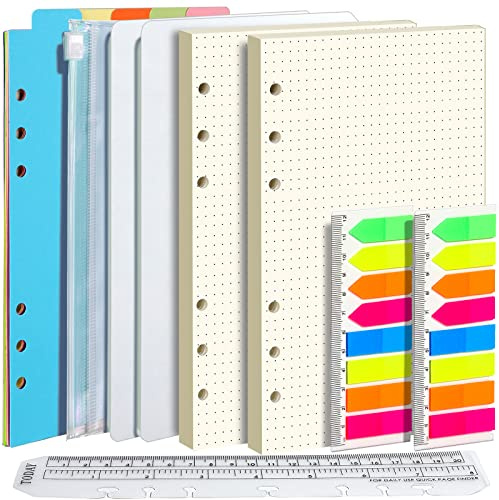 FANDAMEI A5 Papier Gepunktete Nachfüllpapiere Set, 6 Löcher A5 Gepunktete Nachfüllbare Notizpapier 90 Blätter, 7 Stk. Trennblätter, 320 Stk. Haftnotizen, 1 Stk. Umschlägbeutel, 20 CM Lineal