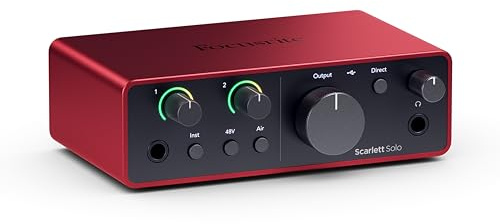 Focusrite Scarlett Solo 4th Gen USB-C-Audio-Interface | 1 XLR-Mikrofonvorverstärker, 1 Hi-Z-Instrumenteneingang, 24 Bit/192 kHz, 120 dB Dynamikbereich, Air-Modi, für PC/Mac/iPad