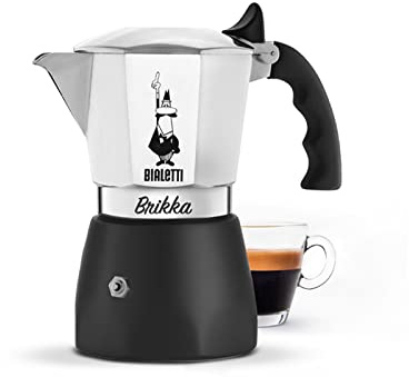 Bialetti New Brikka, Moka-Kanne,die einzige Herdkaffeemaschine, die in der Lage ist, einen Cremereichen Espresso Zuzubereiten, 4 Tassen (170 ml),Aluminium und Schwarz,Metall (Nicht Induktion geeignet)