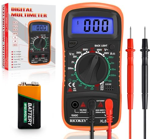 Digital Multimeter Voltmeter Batterietester Spannungsprüfer Durchgangsprüfer Ohm Volt Ampere Messgerät AC/DC Spannung Strom Widerstand Diode Transistor, Großes LCD Anzeige und Hintergrundlicht