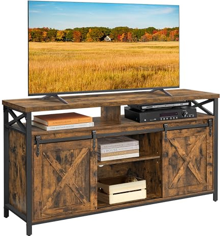 VASAGLE TV-Schrank, Lowboard für Fernseher bis zu 65 Zoll, mit verstellbaren Ablagen, rustikale Tür, Landhausstil, Metallgestell, vintagebraun-schwarz LTV071B01