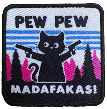 PEW PEW MADAFAKAS Schwarz Katze mit Pistole Aufnäher Moral Patches Klett Stickerei Taktische Klettverschluss Für Kleidung Rucksack Baseballkappe Uniform Weste Hundegeschirr, Cyan, Geweben Drucken