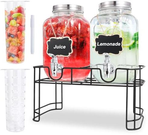 Glas Getränkespender (Set von 2),4L/1 Gallon Getränkespender für Parteien mit Spigot, Stand, Eiszylinder Obst Infuser, Wasserspender Getränkespender für Sonnentee Glas, Saft Behälter
