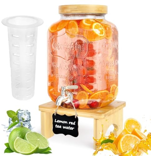 7,6 L Getränkespender mit Ständer, Getränkespender aus Glas mit Zapfhahn aus massivem Edelstahl für geeiste Säfte, Wasser, hausgemachte Getränke, Partys, Hochzeiten