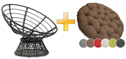 sunnypillow Papasansessel | Rattansessel mit Kissen rund Durchmesser 120 cm | gemütlicher Loungesessel drehbar für Wohnzimmer | Balkon Sessel Korbsessel Rattan Lesesessel | Outdoor/Indoor | Braun