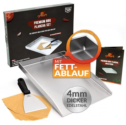 grillart® Premium Plancha Grillplatte mit Grillspachtel aus massiven 4mm Edelstahl – 30x40cm Universalgröße auch Induktion geeignet – Spülmaschinenfest und rostfrei