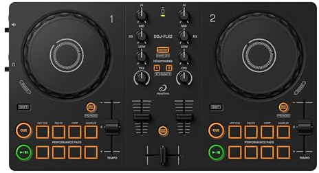 AlphaTheta/Pioneer DJ DDJ-FLX2 Einsteiger-DJ-Controller – Tragbarer USB-betriebener 2-Kanal-Controller mit professionellem Layout – Kompatibel mit Musik-Streaming-Diensten – Perfekt für neue DJs